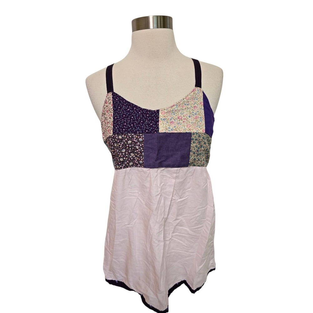 Womens Vintage Handmade Tank Top Open Back Purple Patchwork Fabric